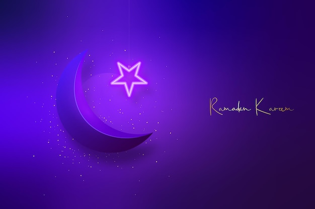 Striscione ramadan kareem realistick luna crescente e stella al neon viola