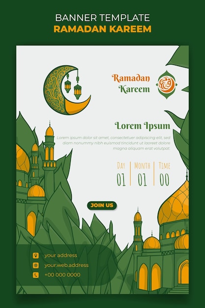 Ramadan kareem banner template in portrait with mosque and crescent moon in green leaves background