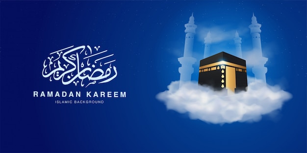 Ramadan Kareem banner Template with 3d Realistict Ka'bah above the cloud