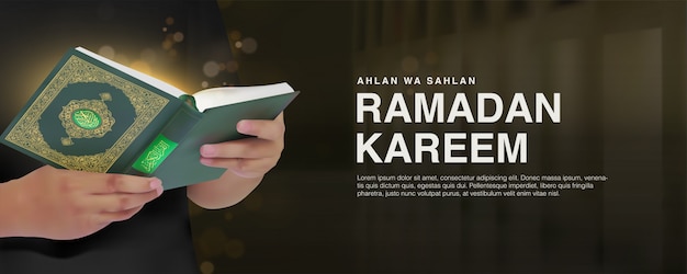 Modello della bandiera di ramadan kareem con uomo realista 3d che legge corano design.