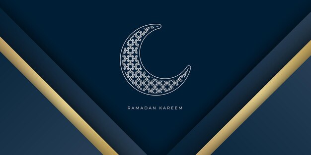 Ramadan Kareem Banner template with crescent moon and golden line decoration.