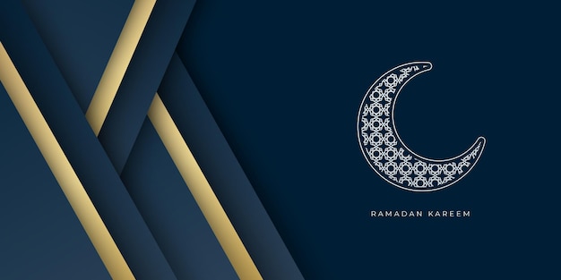 Modello di ramadan kareem banner con falce di luna e decorazione a linee dorate.