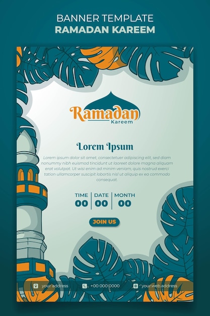 モンステラの葉とモスクのミナレットを手描きのデザインにしたラマダン・カリーム・バナー・テンプレート