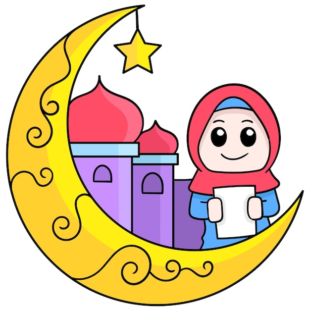 Ramadan Kareem-banner voor mooie moslimvrouwen die hijab dragen, vectorillustratieart. doodle pictogram afbeelding kawaii.