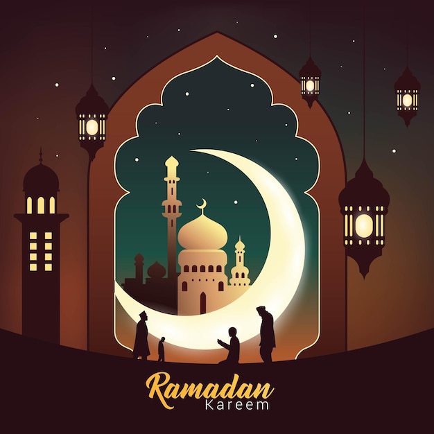 Striscione ramadan kareem con lanterna a mezzaluna e illustrazione vettoriale della moschea