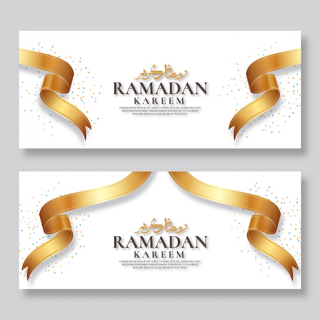 Vettore banner di ramadan kareem con nastro d'oro