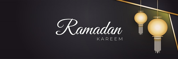 Vettore banner di ramadan kareem con lanterne dorate