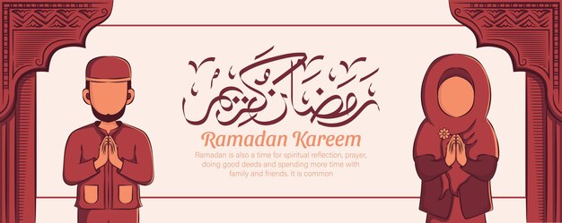 Banner di ramadan kareem con ornamento islamico disegnato a mano