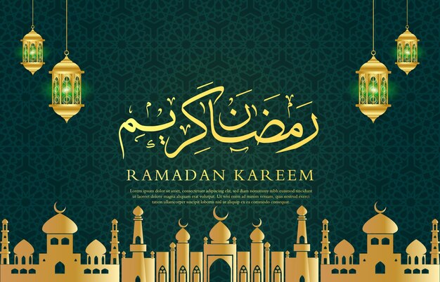이슬람 장식과 추상적인 그라디언트 녹색과 황금색 배경 디자인을 가진 라마단 카림 배너