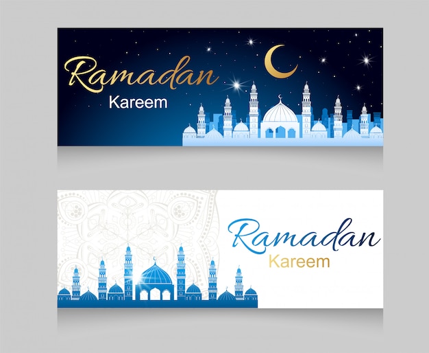 Banner di ramadan kareem con silhouette di moschea