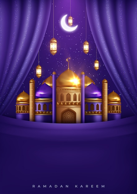 Vector ramadan kareem beautiful greeting card with arabic calligraphy which means ramadan kareem. islamic background with mosques suitable also for eid mubarak.  illustration