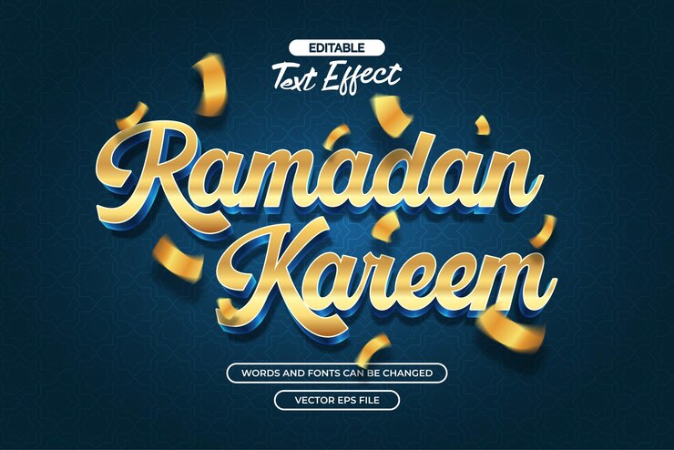 Vector ramadan kareem bewerkbare tekst-effect met confetti decoratie en blauwe achtergrond
