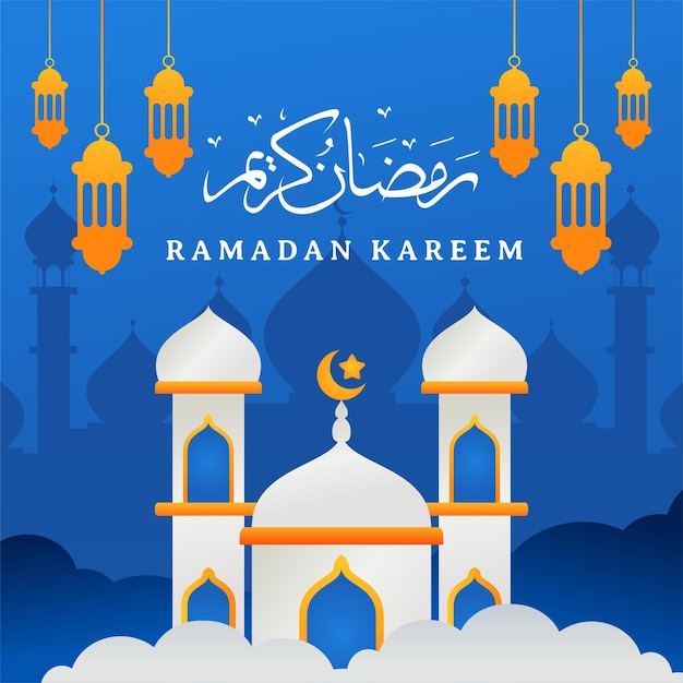 Ramadan kareem blauwe achtergrond met moskeelantaarn en kaligrafie