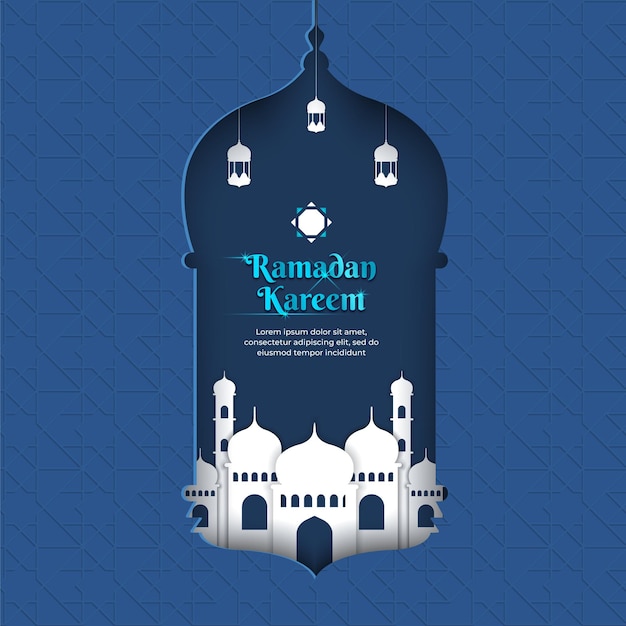 Ramadan kareem blue with paper art mosque