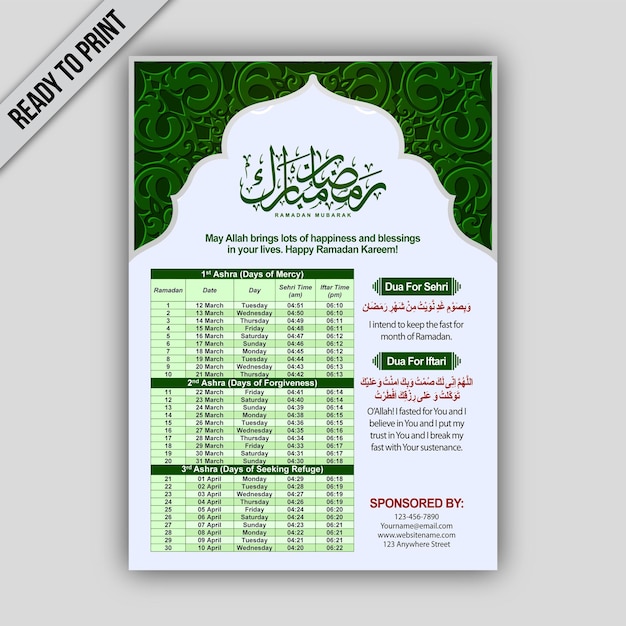 Ramadan Kareem Calendar 2024 Printable Vector Illustrator template