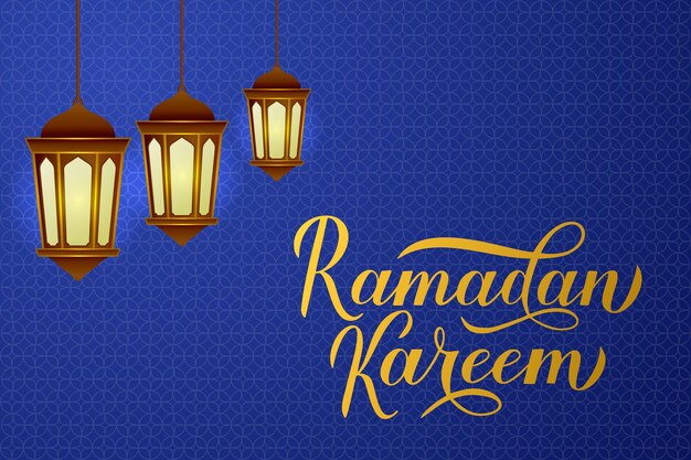 Ramadan Kareem calligraphy lettering and lanterns on blue Arabic pattern background Muslim holy month typography poster Vector template for Islamic banner greeting card flyer invitation