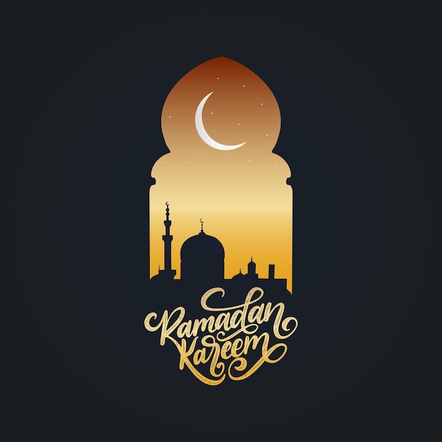 Ramadan Kareem calligraphy Vector illustration of Islamic holiday symbols Drawn mosque night view