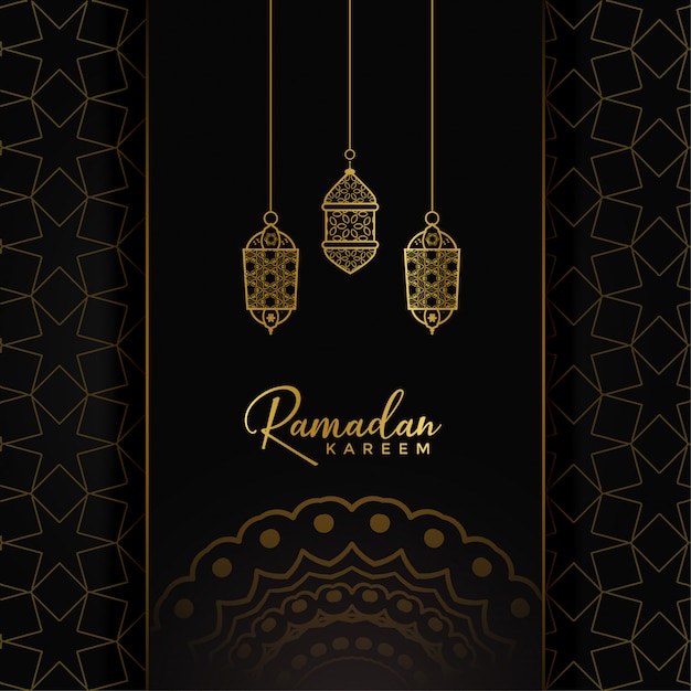 Design di ramadan kareem card con lampade dorate pendenti