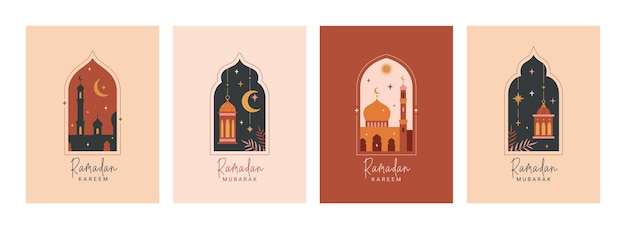 ラマダン カリーム カード ポスター ホリデー カバー セット モダンなデザインのイスラムのグリーティング カードのセット