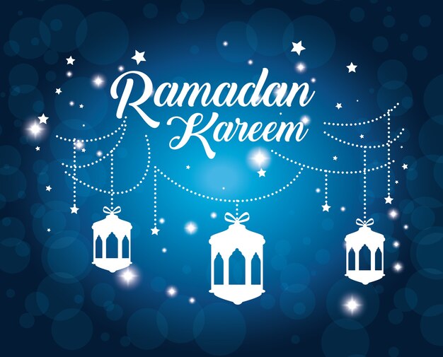 Carta di ramadan kareem con lanterne appese