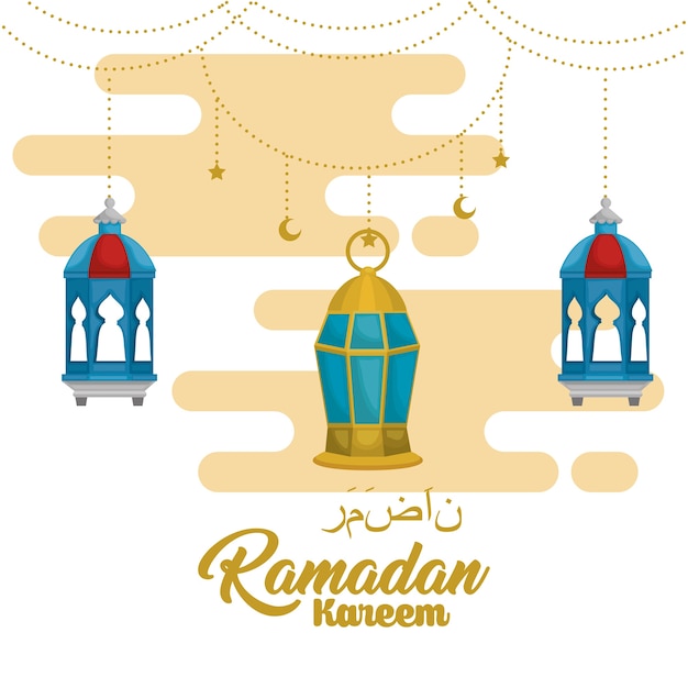Carta di ramadan kareem con lanterne appese