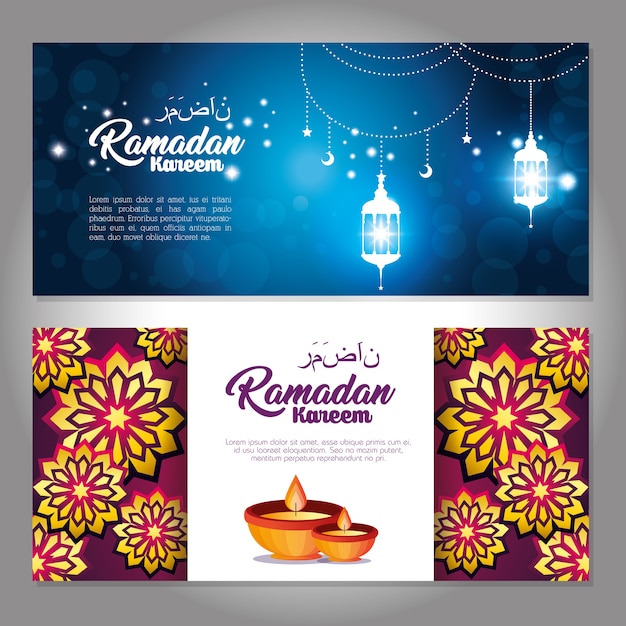 Vector ramadan kareem card with lanterns hanging