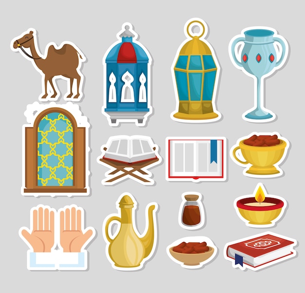 Ramadan kareem card with set icons