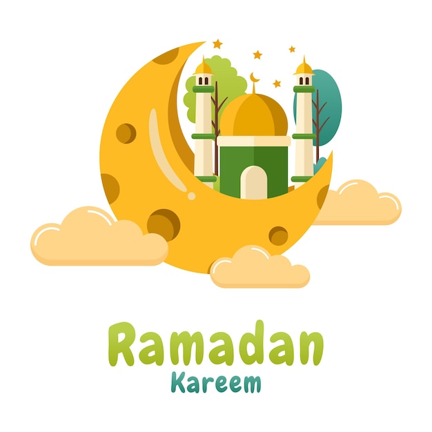 Illustrazione del fumetto di ramadan kareem con la luna e la moschea