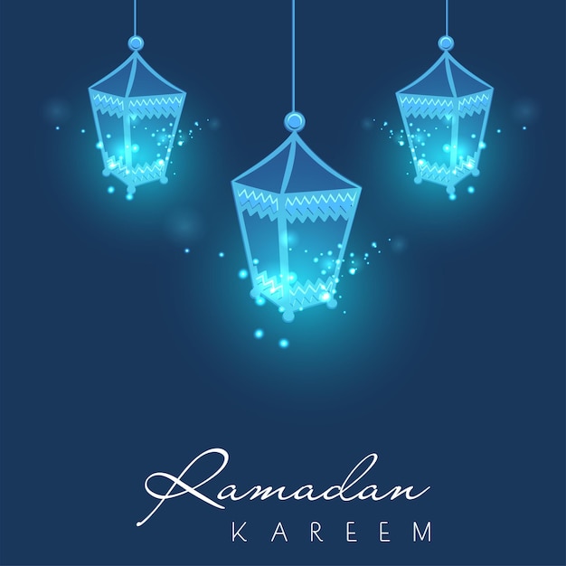Вектор Концепция празднования рамадана карима с фонарями светового эффекта висит на синем фоне