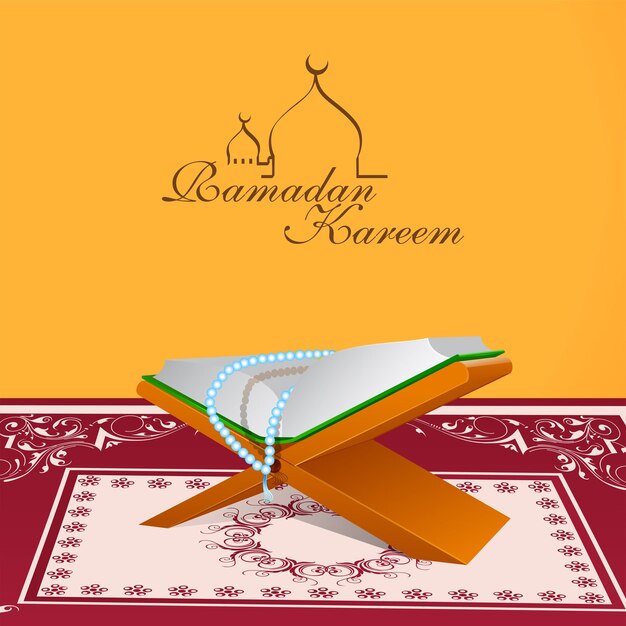 Ramadan kareem celebration concept with realistic holy quran book tasbih at rehal on carpet orange background