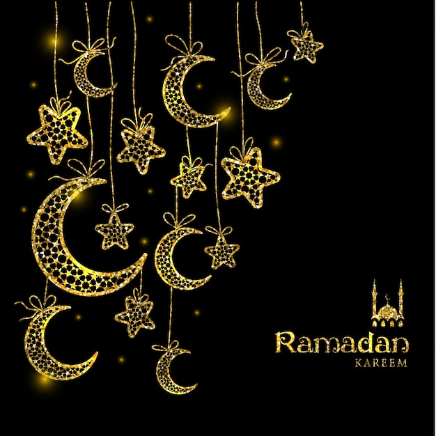 Ramadan Kareem celebration greeting card decorated with moons and stars on dark background