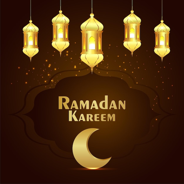 Ramadan kareem celebration greeting card with golden lantern and moon