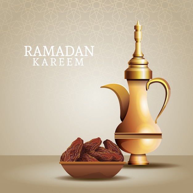 Ramadan kareem celebration with golden teapot and food