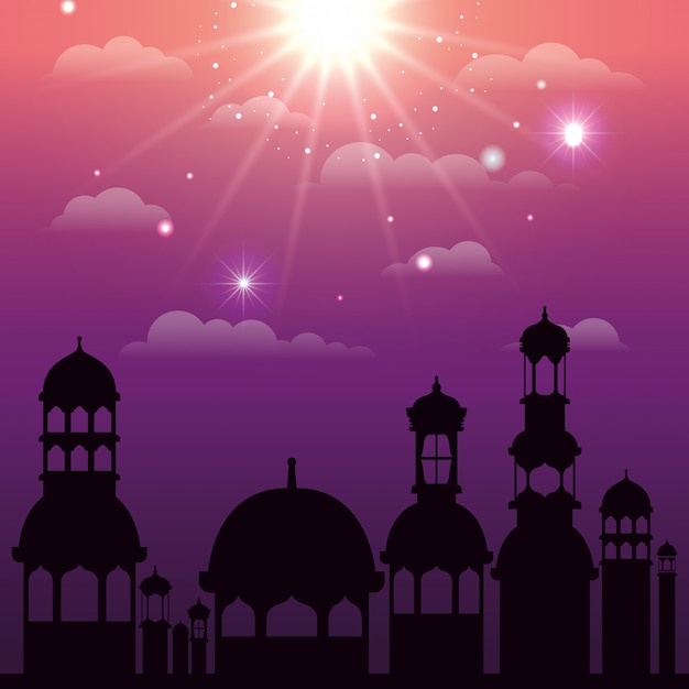 Ramadan kareem cityscape silhouette scene