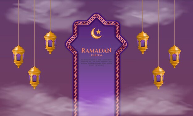 Ramadan kareem cloudy sky purple background with mosque gate and golden hanging lamps