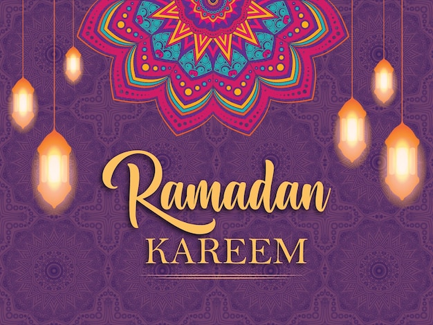 Vettore biglietto di auguri colorato ramadan kareem con bellissimo design mandala