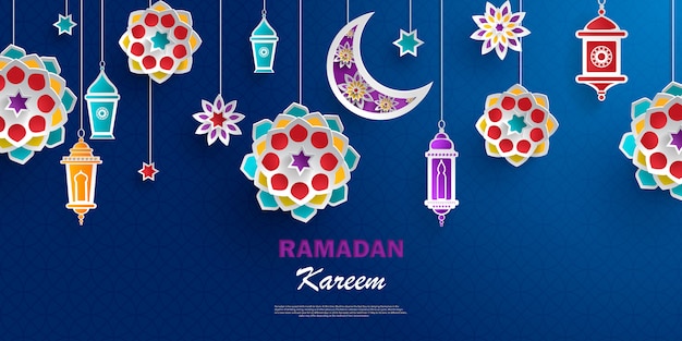 Vector ramadan kareem concept banner with islamic geometric patterns.