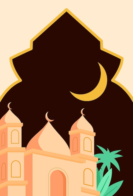 Vettore banner del concetto di ramadan kareem con illustrazione vettoriale della città araba della moschea banner o biglietto di auguri con tempio degli edifici sulle montagne scena del paesaggio urbano arabo