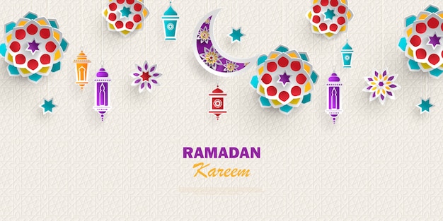 Ramadan kareem-concept horizontale banner met islamitische geometrische patronen. papieren snijbloemen, traditionele lantaarns, maan en sterren.