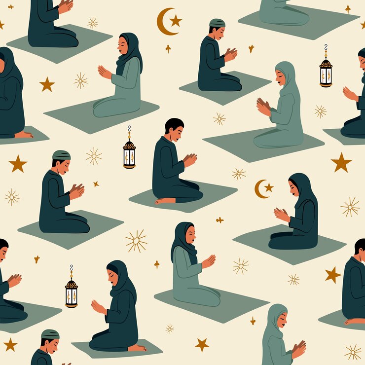 Ramadan Kareem Concept of a Religious Muslim Woman and Man Praying to God in Seamless Pattern