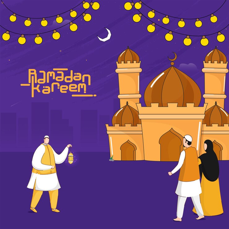 वेक्टर ramadan kareem concept with cartoon islamic people in front of mosque, crescent moon and bulb strings decorated on purple background.
