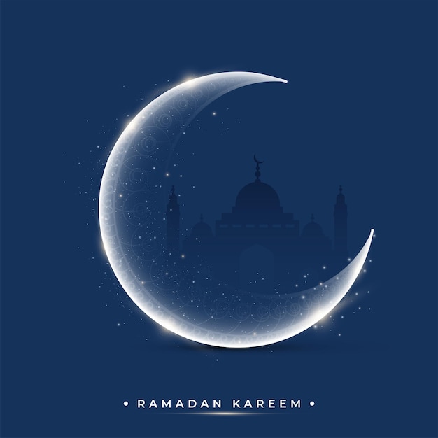 Вектор Концепция рамадана карима со светящимся полумесяцем на фоне голубого силуэта мечети