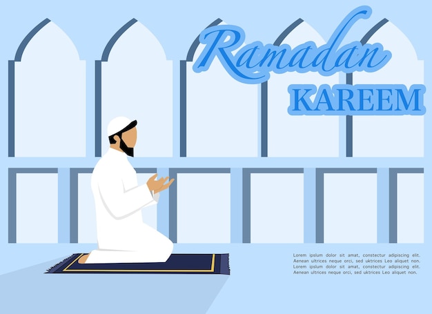 Concetto di congratulazioni di ramadan kareem con l'illustrazione di concetto di ramadan del carattere dell'uomo di preghiera
