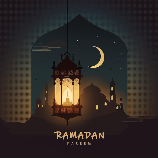 Ramadan Kareem, decorative Arabic lamps and mosque, greeting background