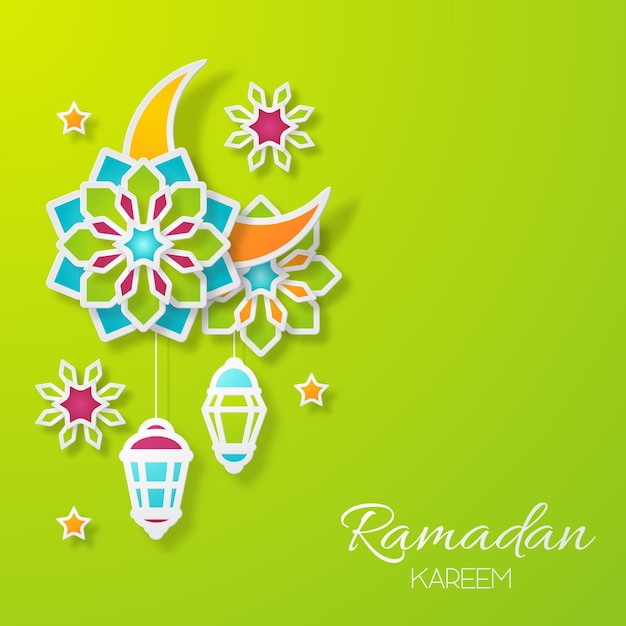 Вектор Рамадан карим дизайн фона бумага срезанные цветы традиционные фонари луна и звезды