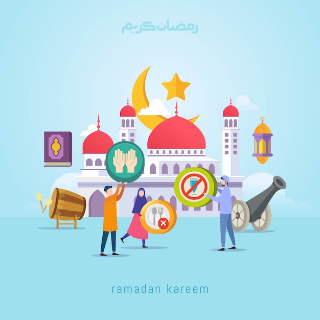 Vettore concetto di design di ramadan kareem con piccole persone