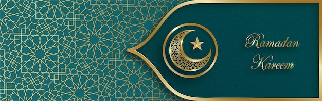 Ramadan Kareem design on islamic background with gold pattern on paper color backgroung (transaltion : Ramadan Kareem)
