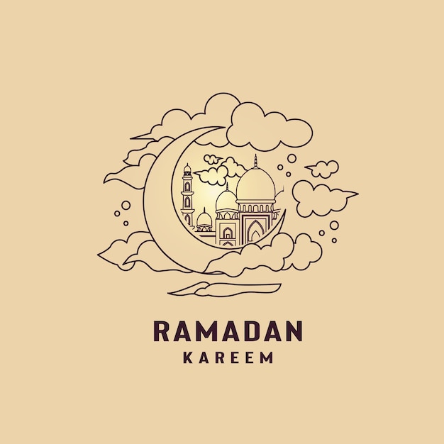 Ramadan kareem design with moon and mosque line art style vector illustration