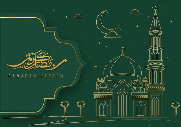 Ramadan Kareem Design with Mosque Line Art Background Vector illustration