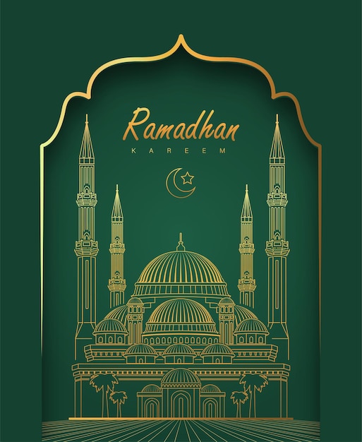 Ramadan kareem design with mosque line art background vector illustration